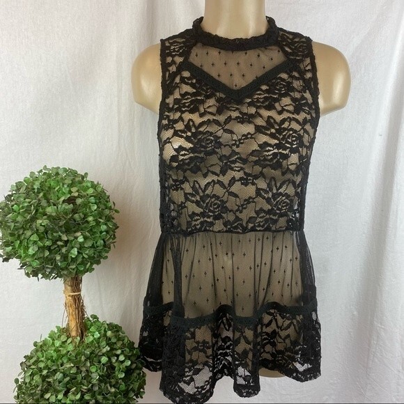 Cecico Black Lace Sheer Sleeveless Vintage Look Top NEW S - Picture 1 of 6